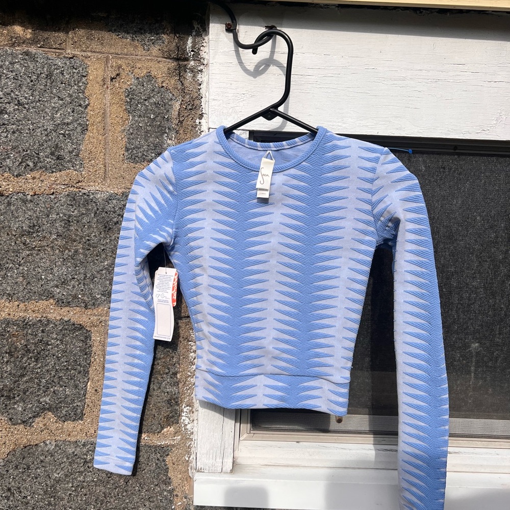 Free People Seea Blue Crew Neck Sweater with Wavy Texture, 30SPF